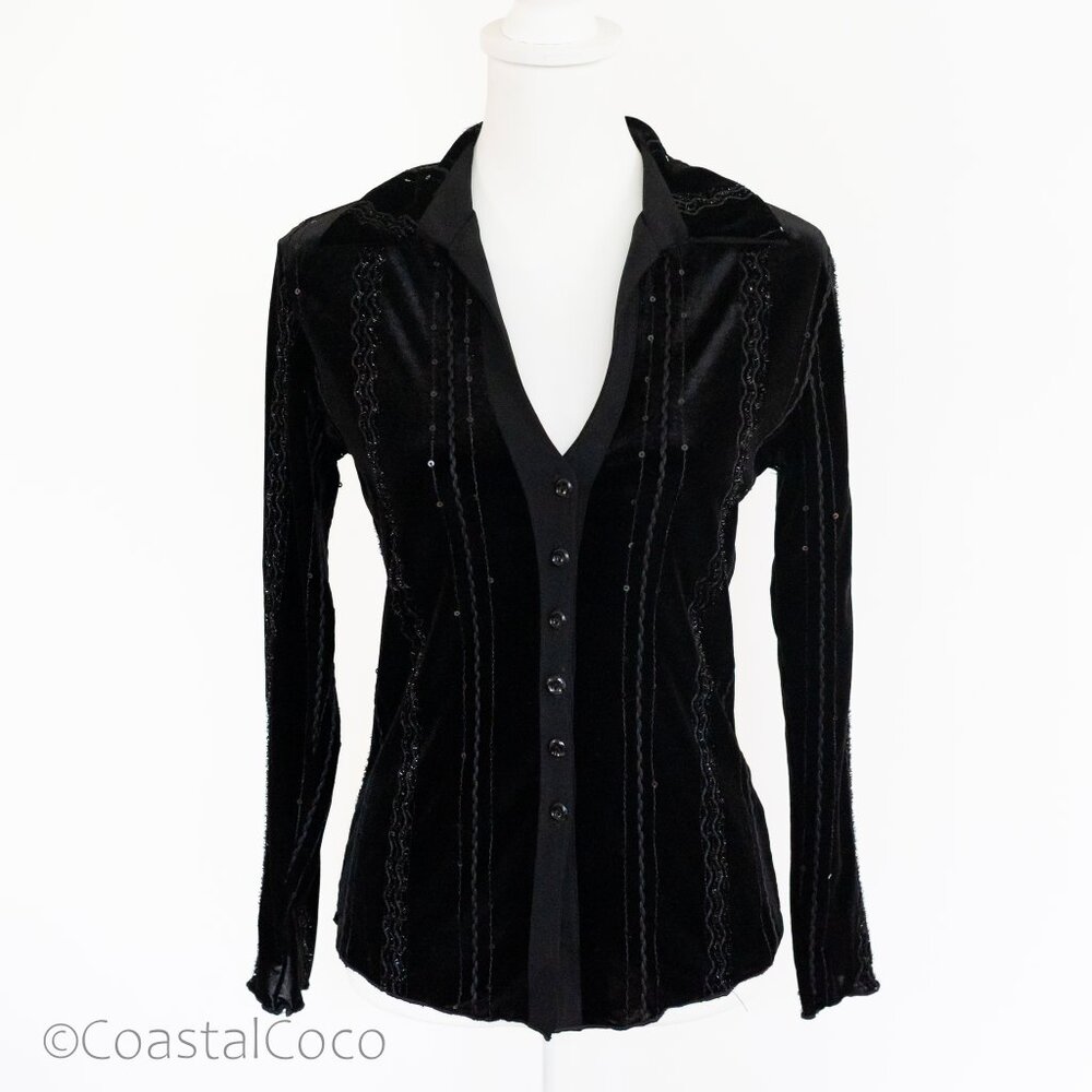 Vintage Baranda Velvet Top Blouse Medium Black Sequin Y2K Dark Whimsy Goth Vampy